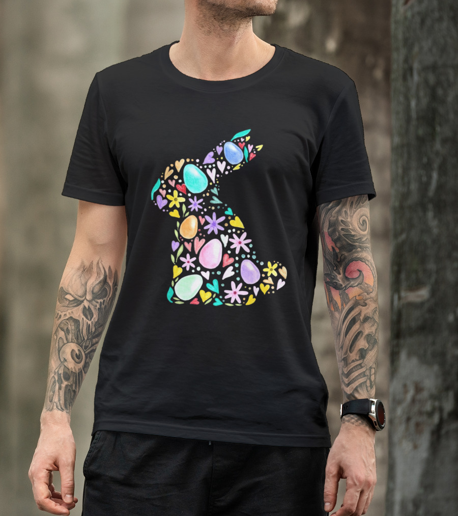 Rabbit Easter Day Colorful Eggs Hearts Flowers T-Shirt