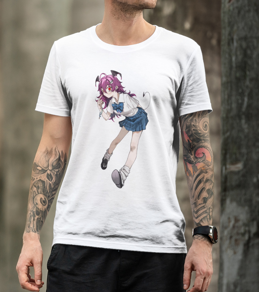 Devil Girl Anime School Uniform Purple Hair Horns Tail T-Shirt
