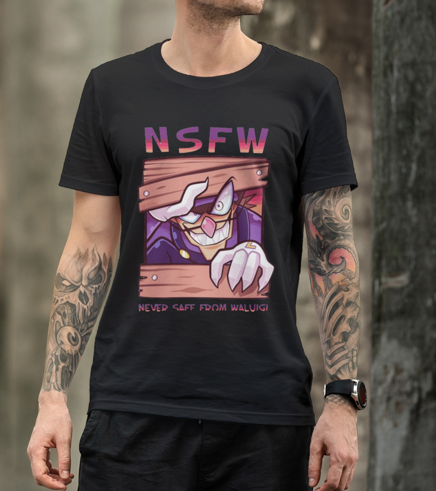 NSFW Never Safe From Waluigi Spaicy Waluigi Peeking Through Wooden Planks T-Shirt