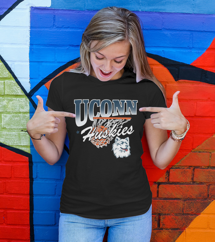 UConn Huskies Basketball Husky Mascot And Net T-Shirt