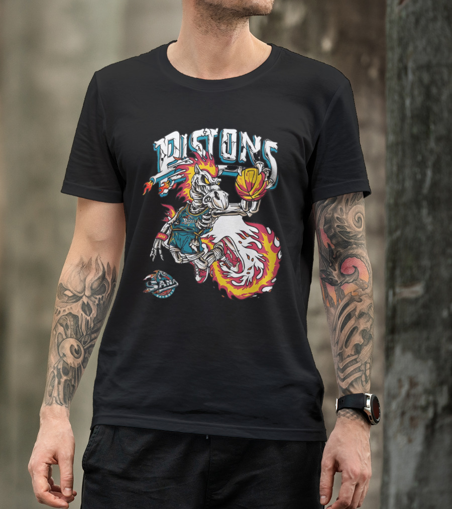 Sana Detroit Pistons Fiery Skeleton Basketball Dunk Pop-Up T-Shirt