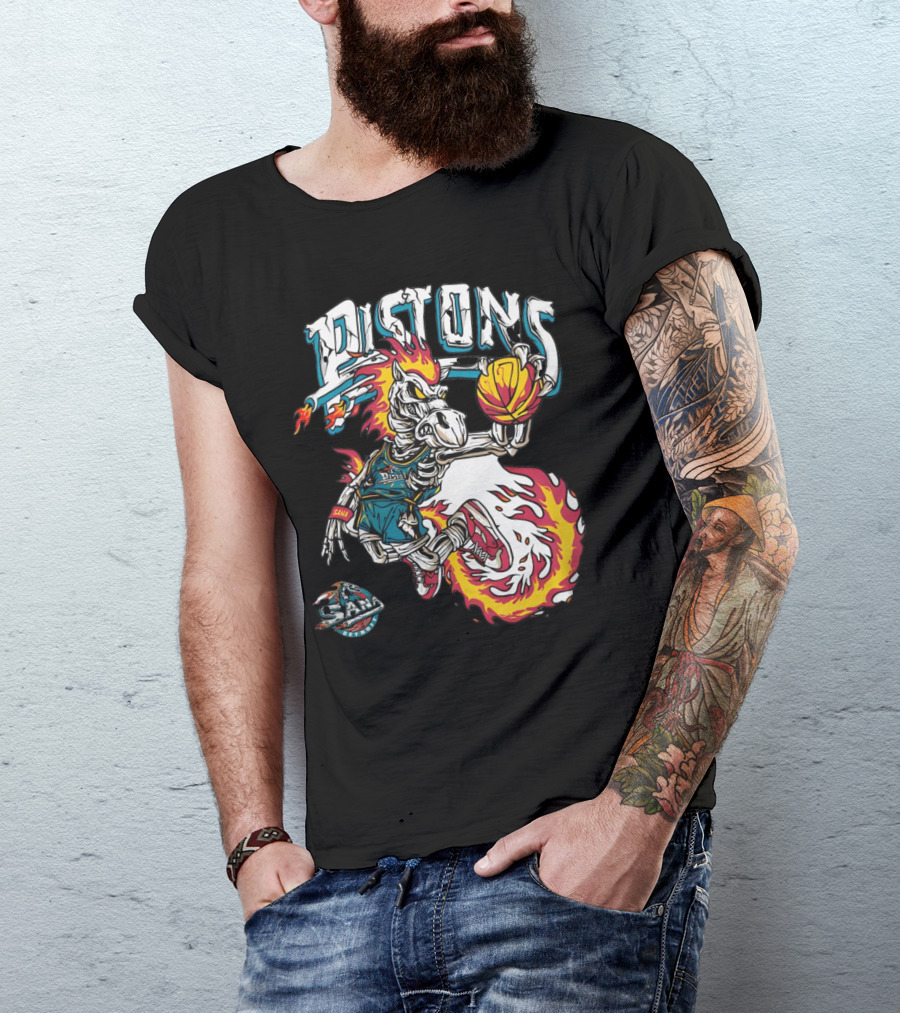 Sana Detroit Pistons Fiery Skeleton Basketball Dunk Pop-Up T-Shirt