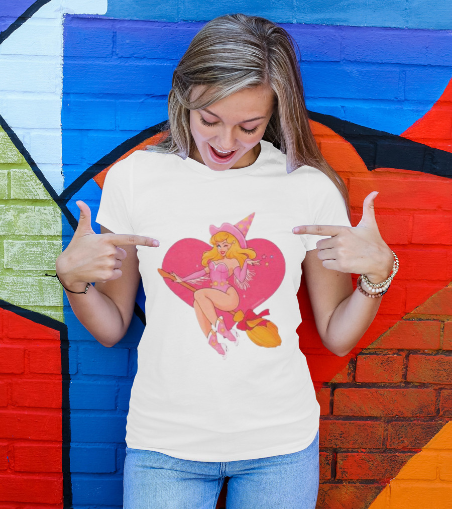 This Barbie Is A Witch Riding A Broomstick With Pink Heart Background T-Shirt