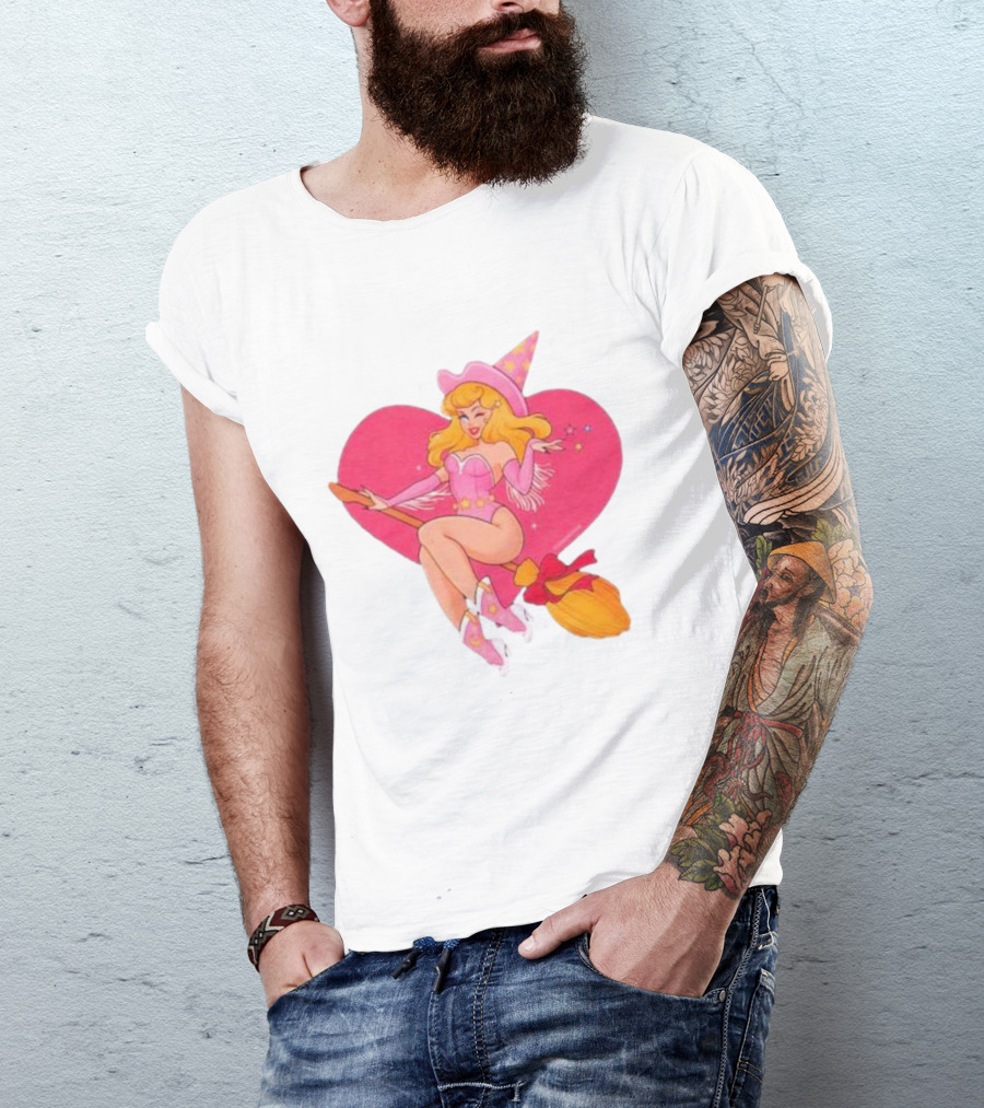 This Barbie Is A Witch Riding A Broomstick With Pink Heart Background T-Shirt