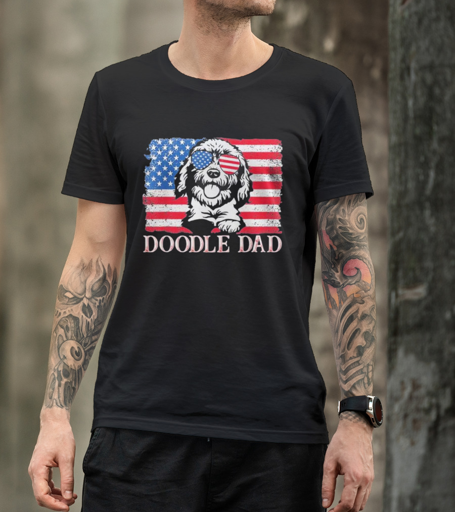 Goldendoodle Doodle Dad American Flag Sunglasses T-Shirt