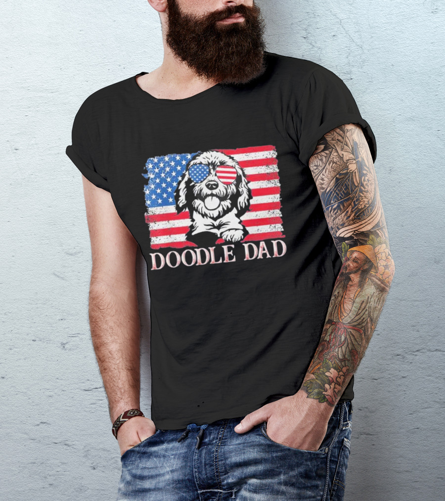 Goldendoodle Doodle Dad American Flag Sunglasses T-Shirt