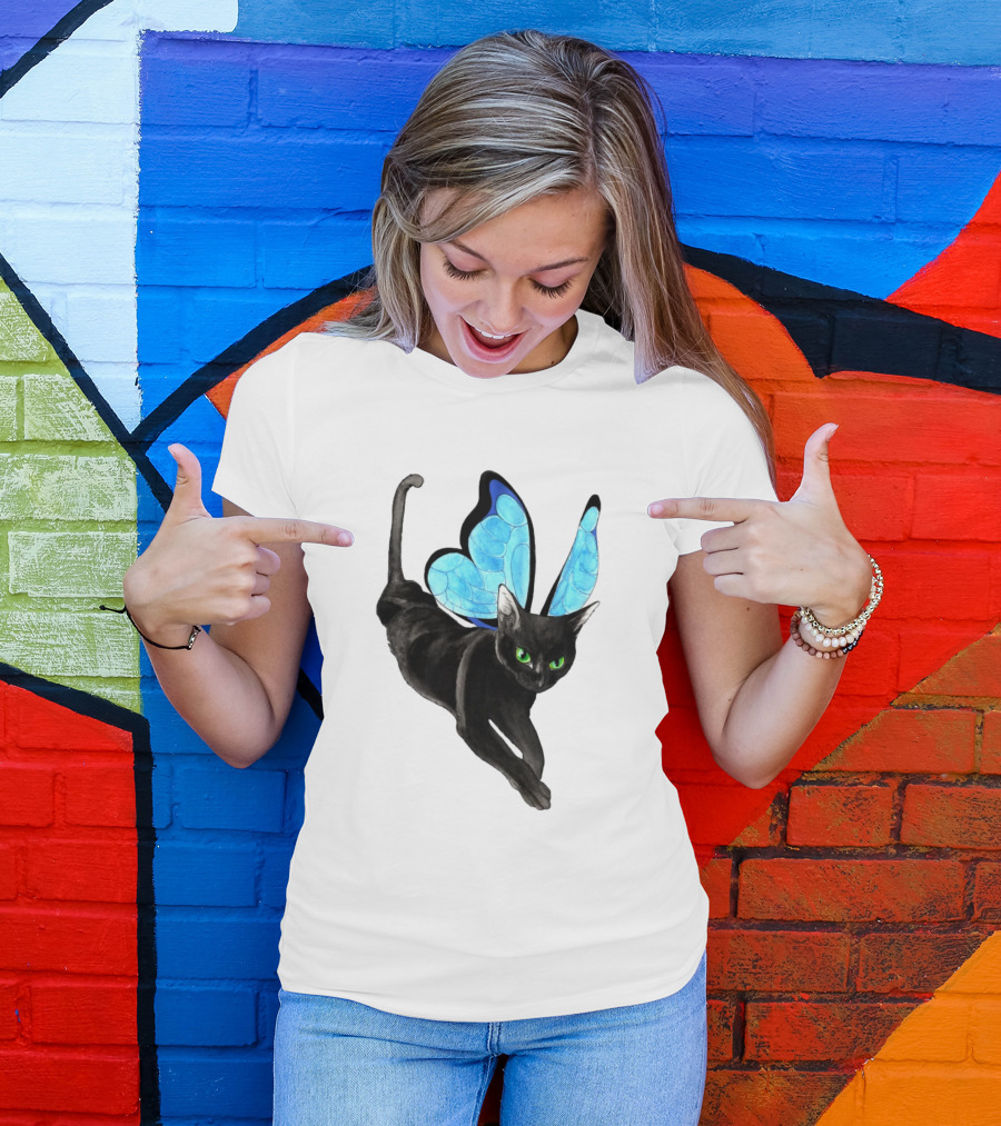 Black Cat With Blue Butterfly Wings T-Shirt