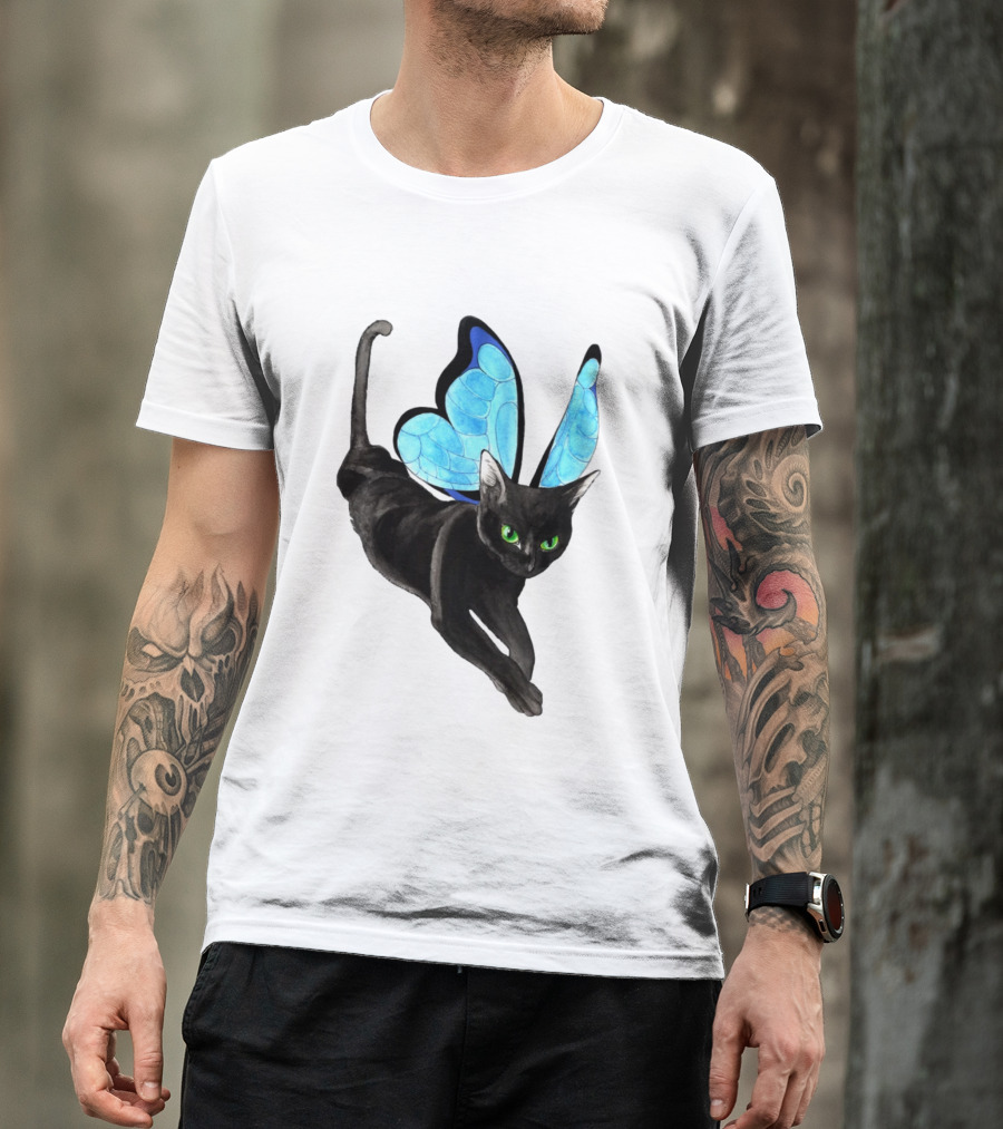 Black Cat With Blue Butterfly Wings T-Shirt