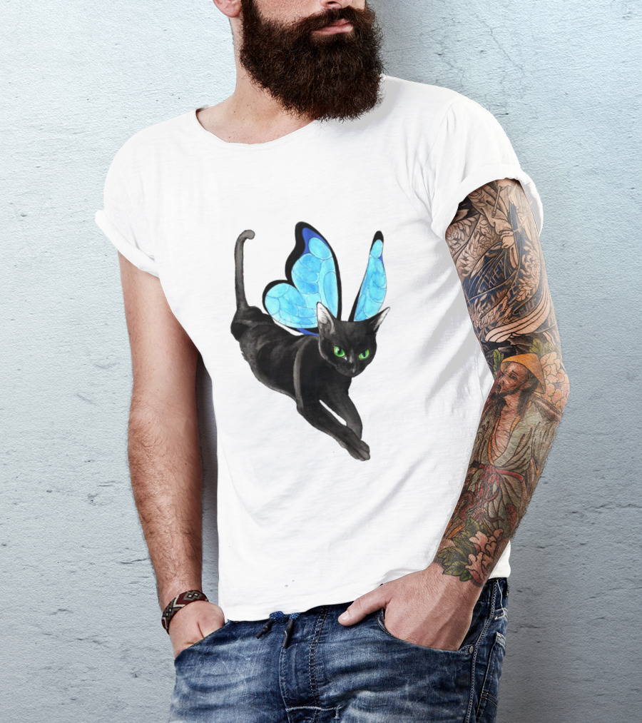 Black Cat With Blue Butterfly Wings T-Shirt