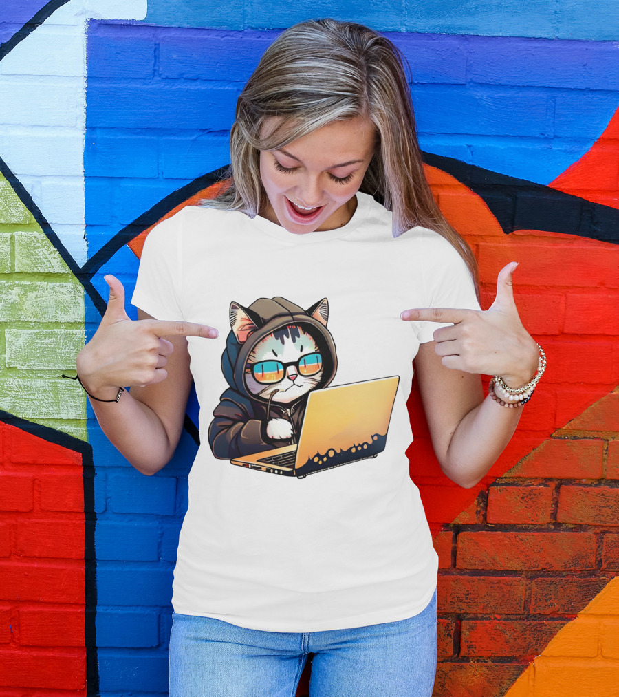 Hacker Cat In Hoodie With Laptop And Glasses T-Shirt