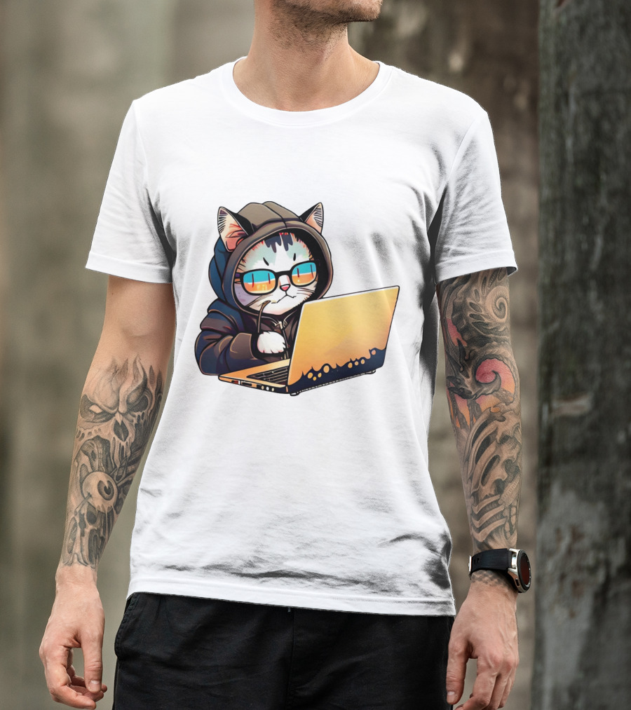 Hacker Cat In Hoodie With Laptop And Glasses T-Shirt
