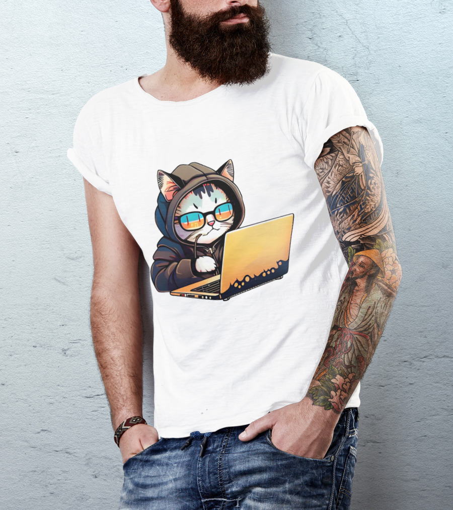 Hacker Cat In Hoodie With Laptop And Glasses T-Shirt
