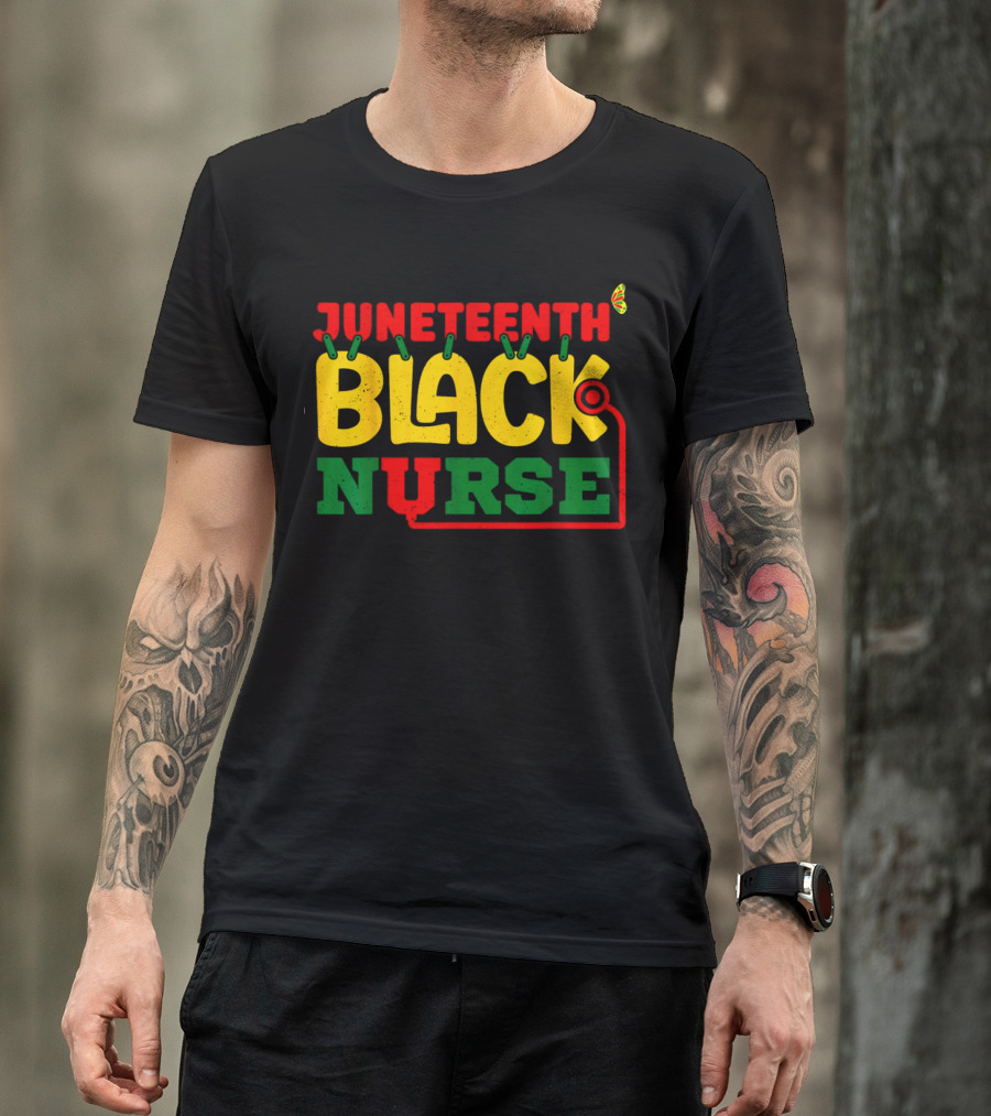 Juneteenth Black Nurse Red Yellow Green Butterfly Stethoscope T-Shirt