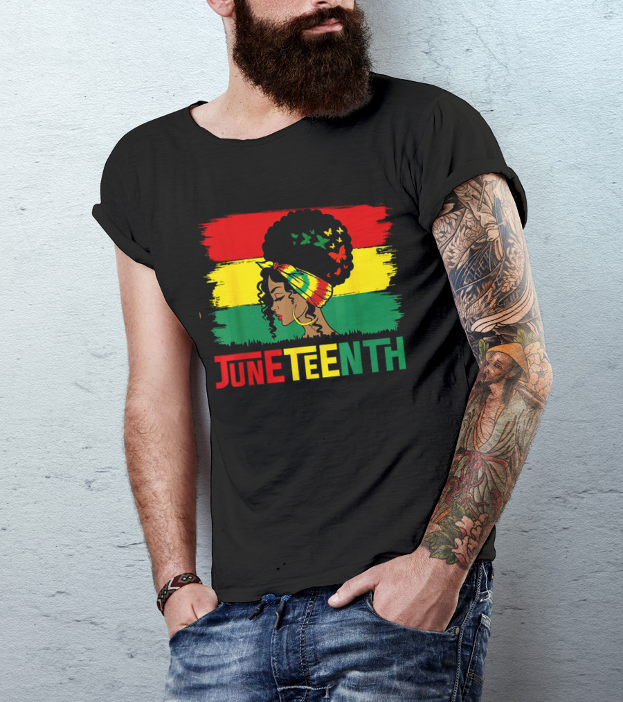 Juneteenth Remembering My Ancestors Celebrate Black Freedom Afro Woman Rasta Colors Flags T-Shirt