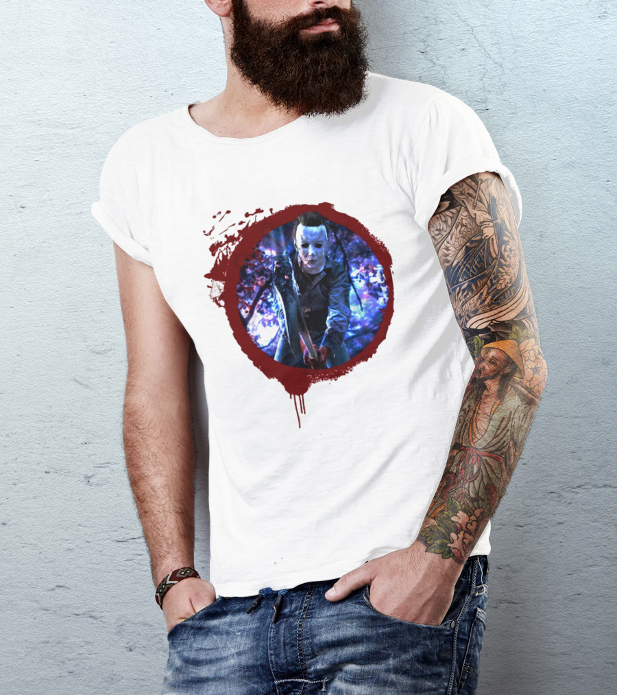 Myers Attack Blood Splatter Horror Mask Iconic Blue Woods Scene T-Shirt