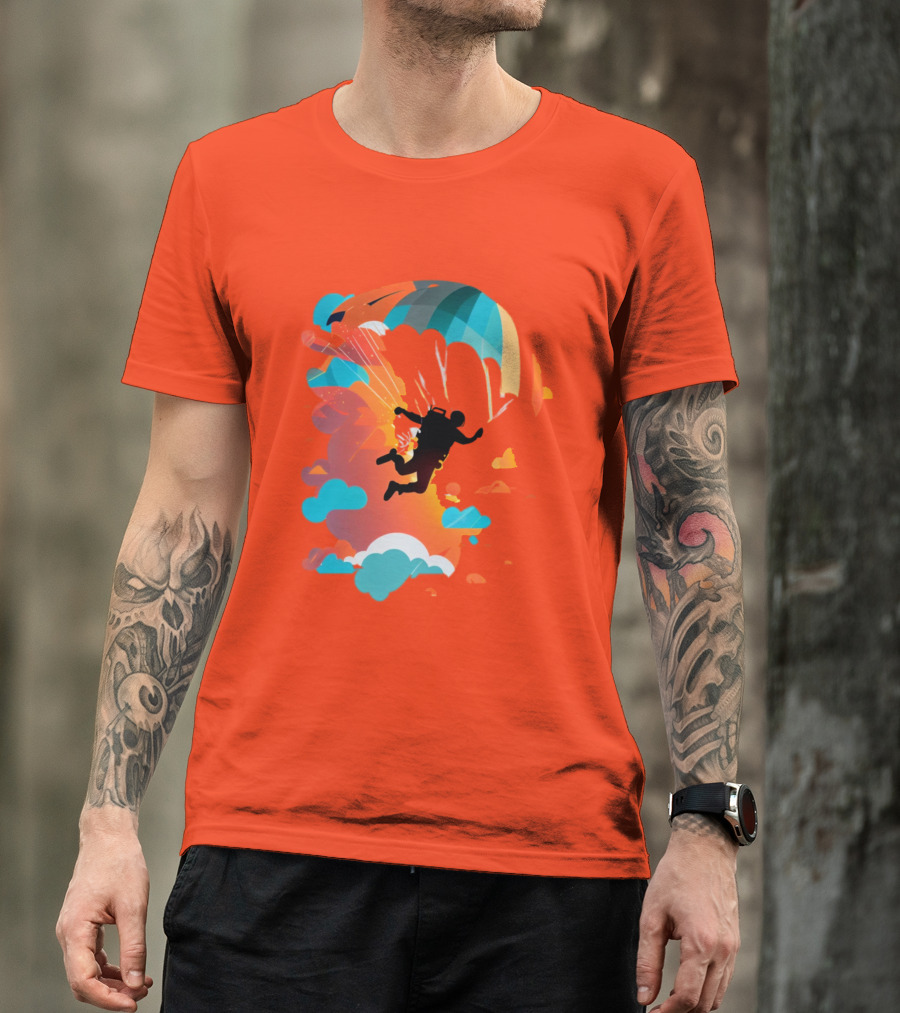 Skydiver Silhouette With Colorful Parachute And Clouds T-Shirt