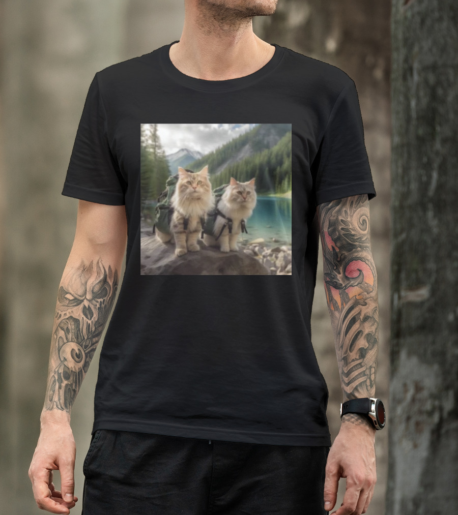 Two American Longhair Cats Are Mountaineering With Backpacks In Scenic Mountain Forest Near Lake T-Shirt
