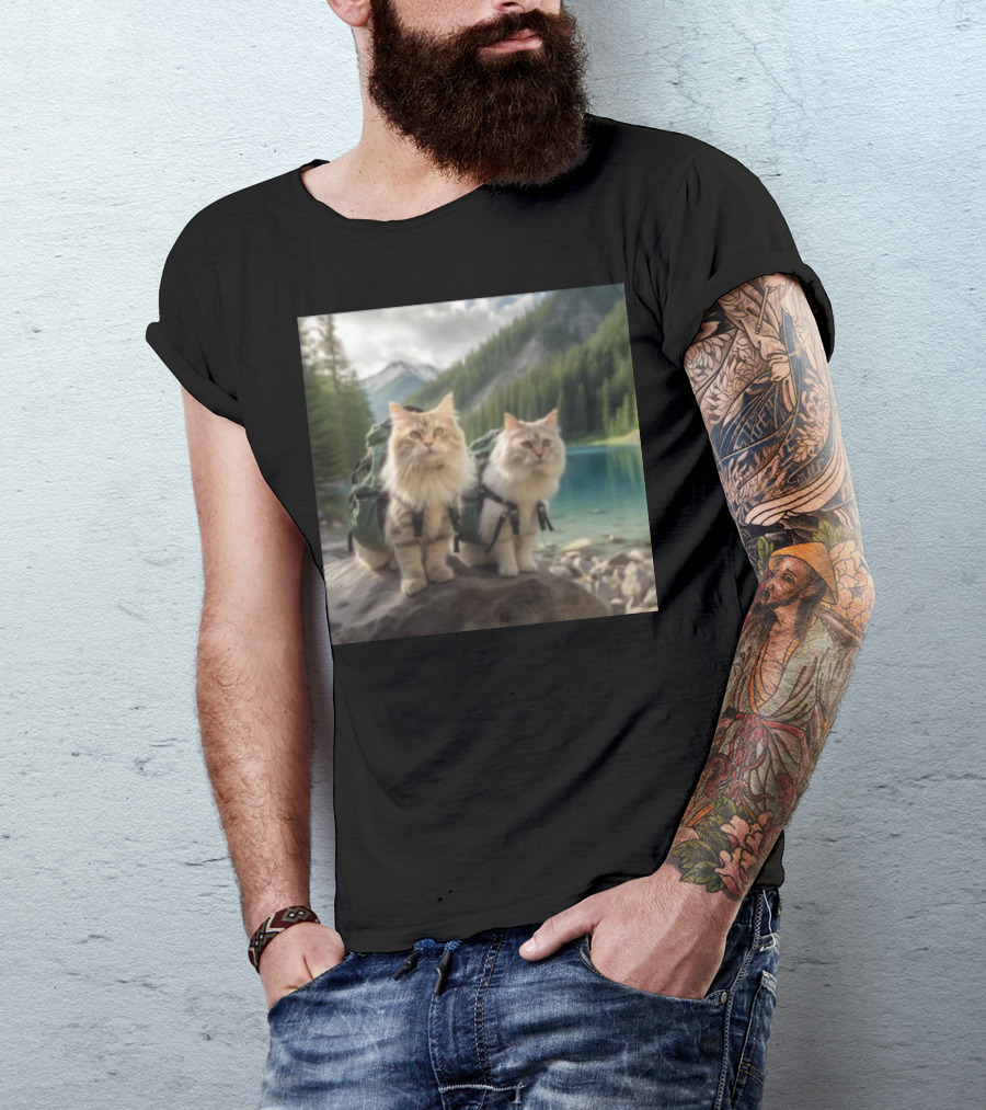 Two American Longhair Cats Are Mountaineering With Backpacks In Scenic Mountain Forest Near Lake T-Shirt