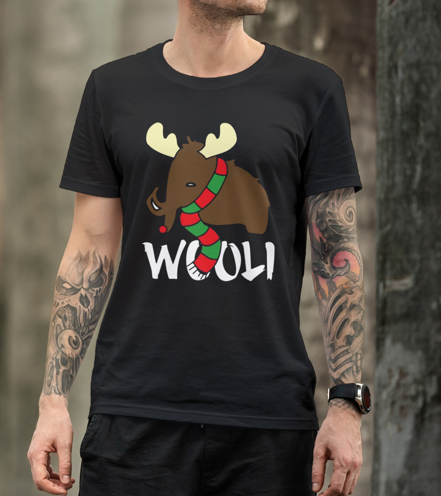 Wooli Mammoth Wearing Red And Green Scarf With Antlers T-Shirt