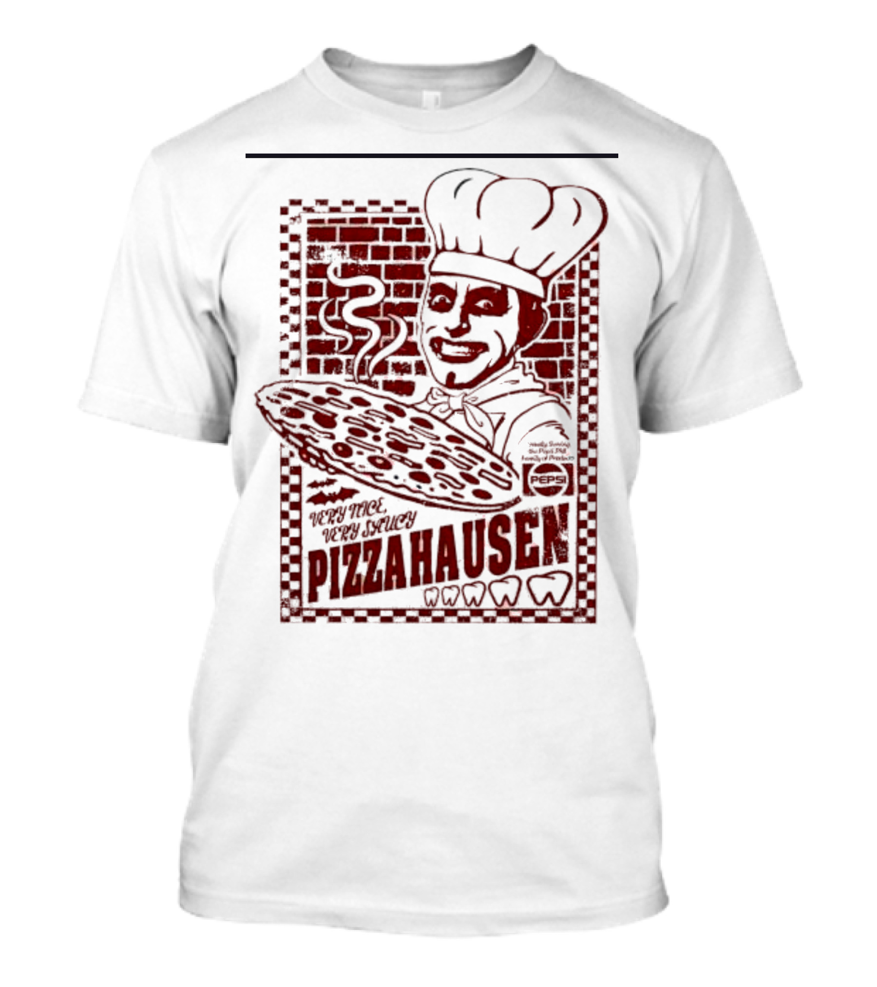 Very Nice Very Saucy Pizza Hausen Chef With Steaming Pie And Brick Background T-Shirt