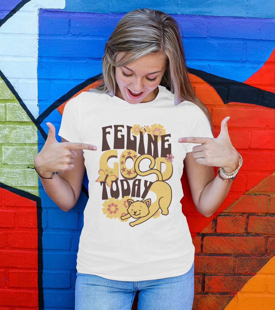 Feline Good Today Cat With Flowers And Butterflies T-Shirt