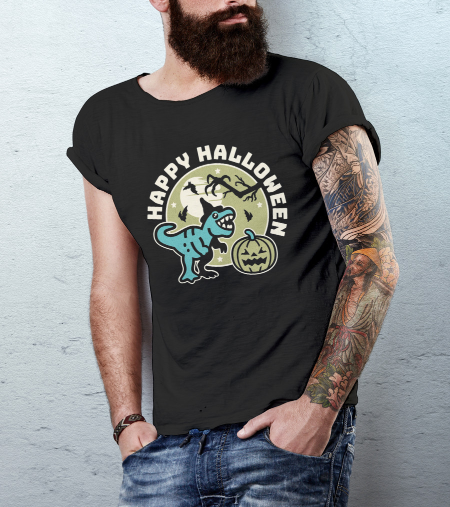 Happy Halloween Dinosaur With Pumpkin And Bats T-Shirt