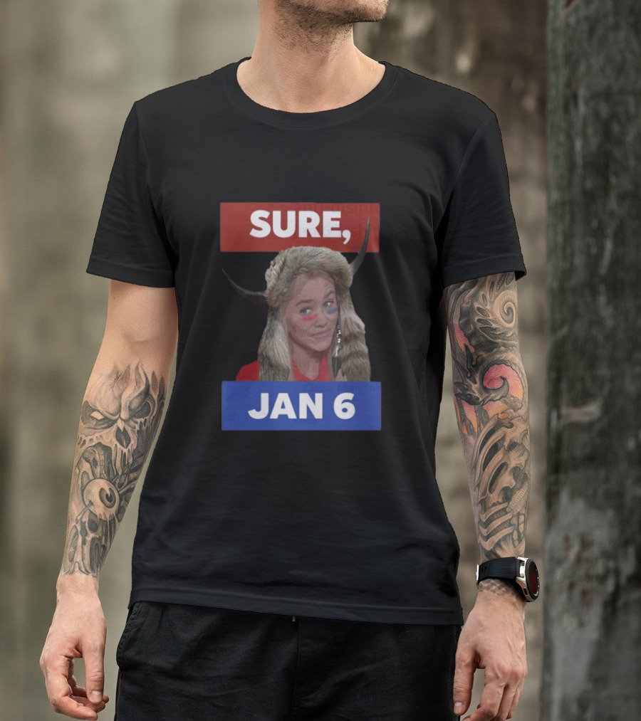 Jim Stewartson Anti-Disinfo Activist Sure Jan 6 Horned Headdress Red Blue Face Paint T-Shirt