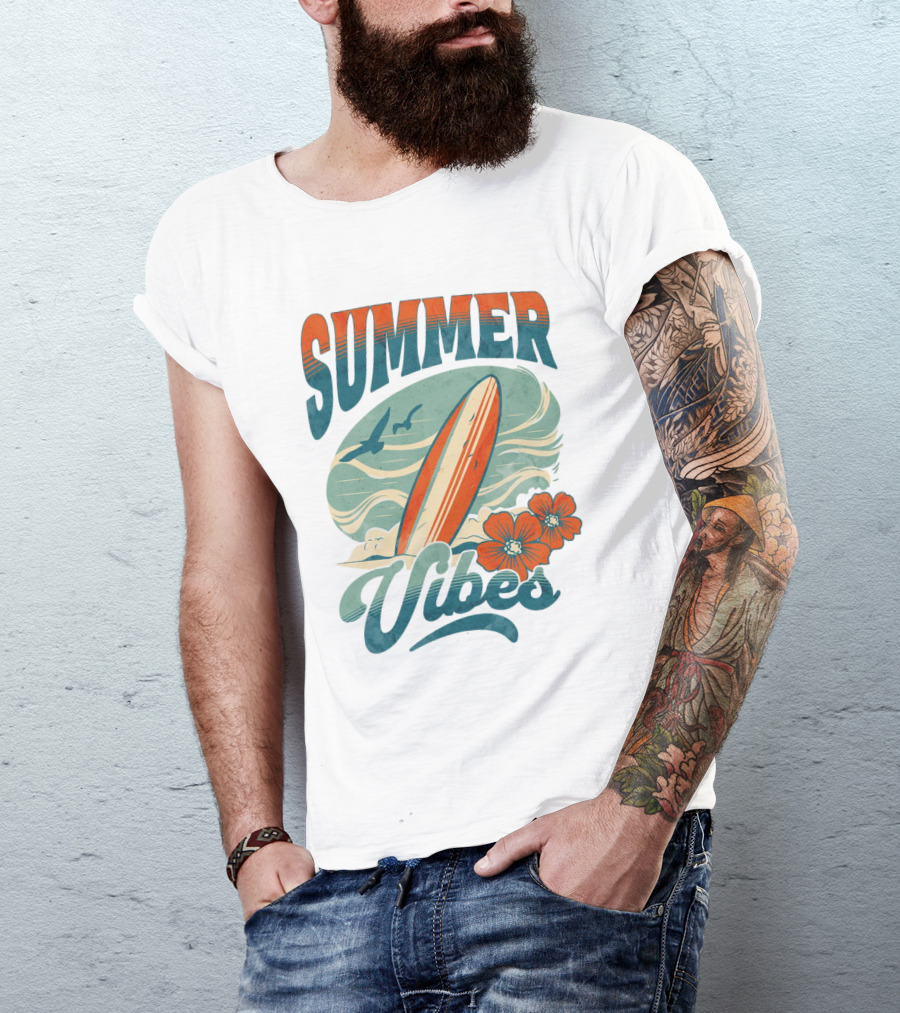 SUMMER VIBES Surfboard Ocean Waves Flowers Seagulls T-Shirt