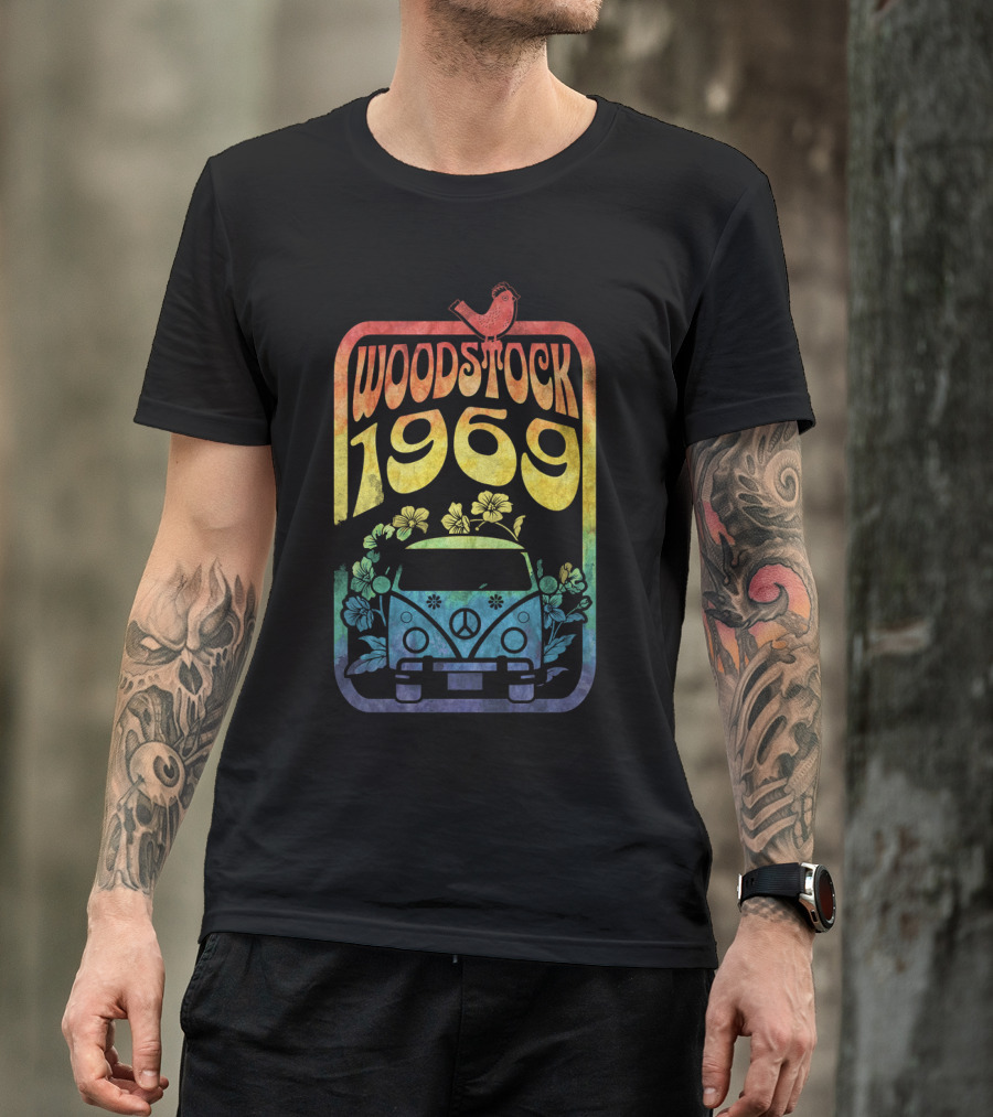Woodstock 1969 Colorful Campervan Peace Flowers Bird T-Shirt
