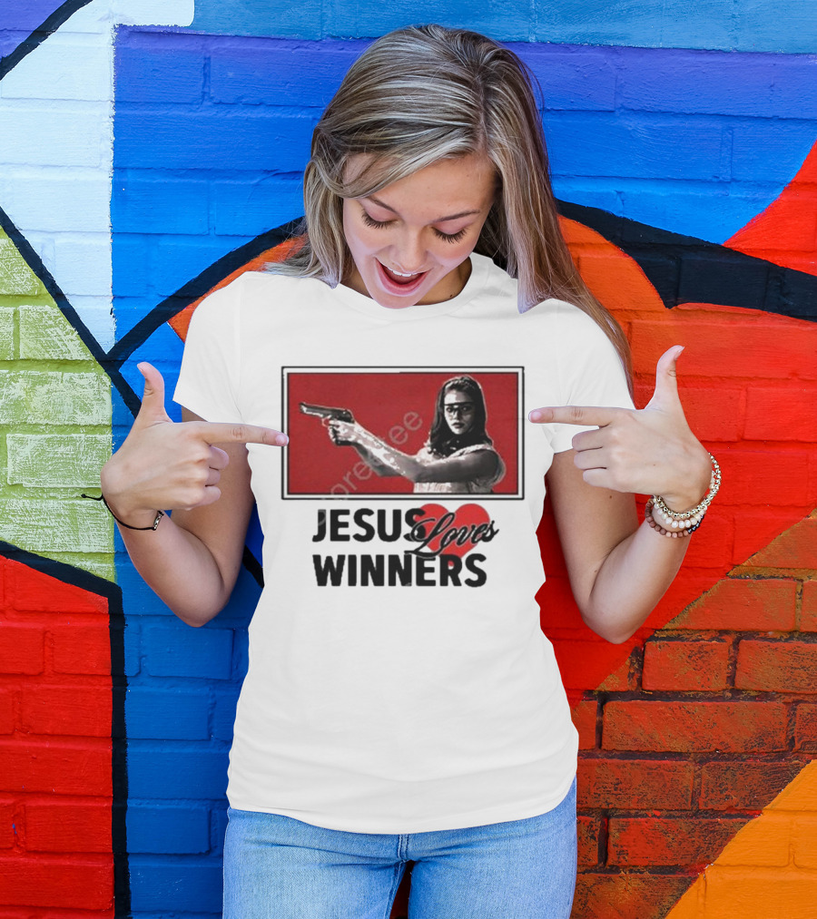 Super Yaki Jesus Loves Winners Red Gun Woman T-Shirt