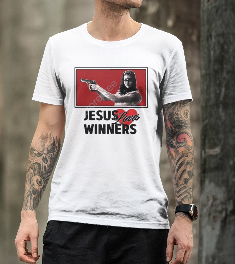 Super Yaki Jesus Loves Winners Red Gun Woman T-Shirt