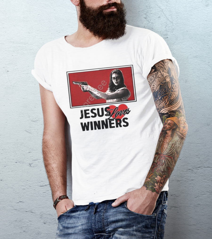 Super Yaki Jesus Loves Winners Red Gun Woman T-Shirt