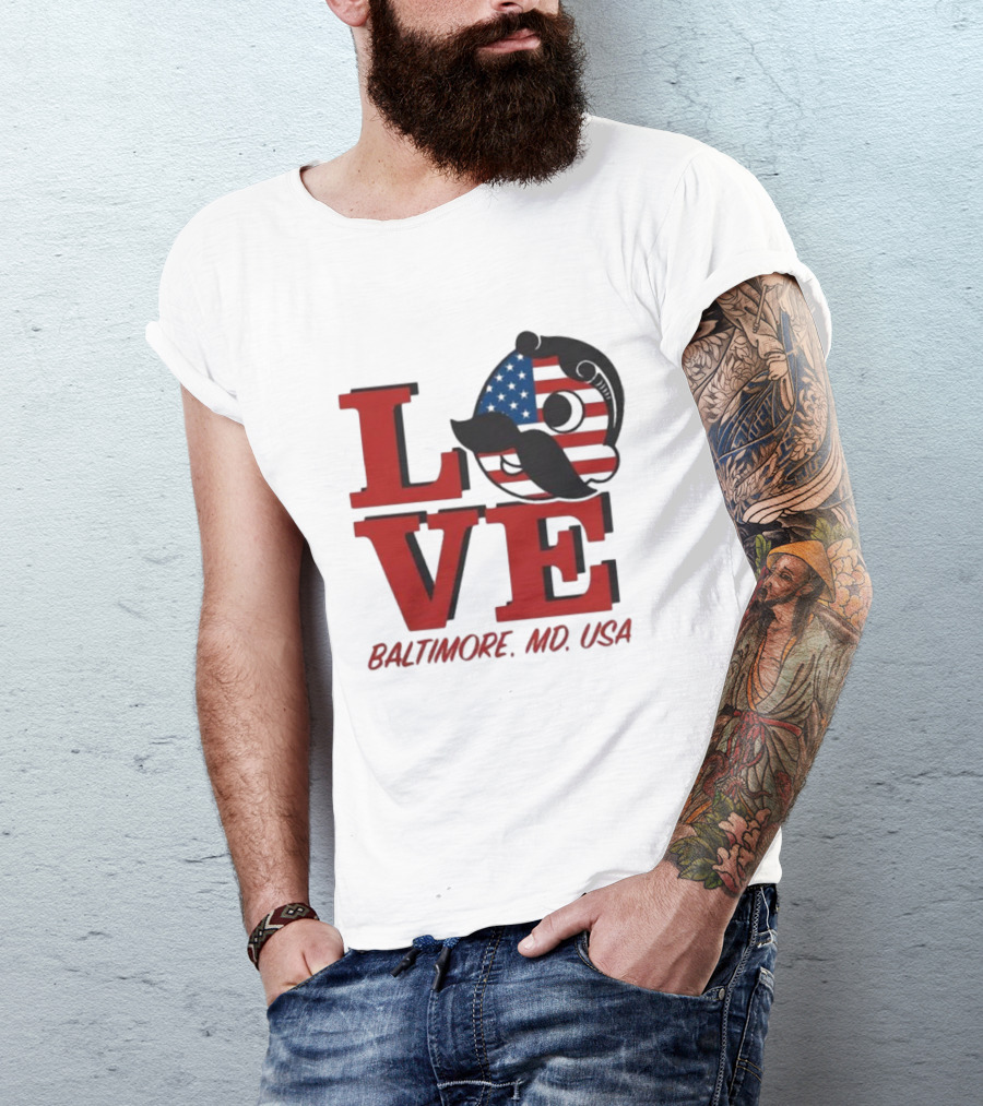 Love Baltimore MD USA National Bohemian American Flag Mustache T-Shirt