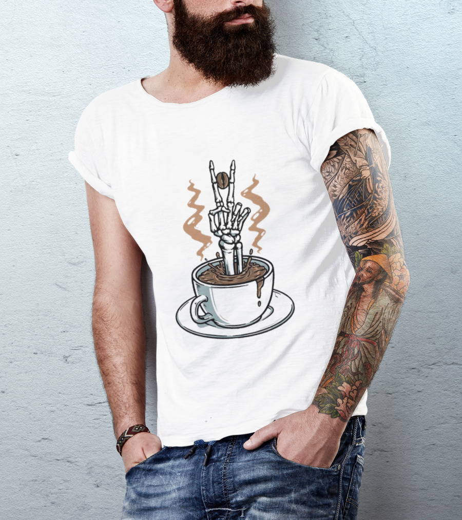 Skeleton In Cappuccino Dead Inside But Still Caffeinated Rock Hand Gesture T-Shirt