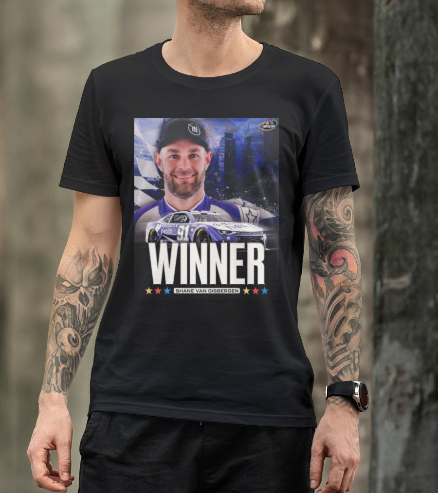 NASCAR Winner Shane Van Gisbergen With Race Car And Cityscape Background T-Shirt