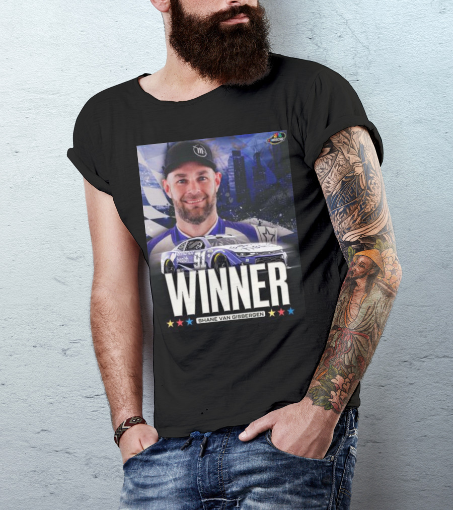 NASCAR Winner Shane Van Gisbergen With Race Car And Cityscape Background T-Shirt