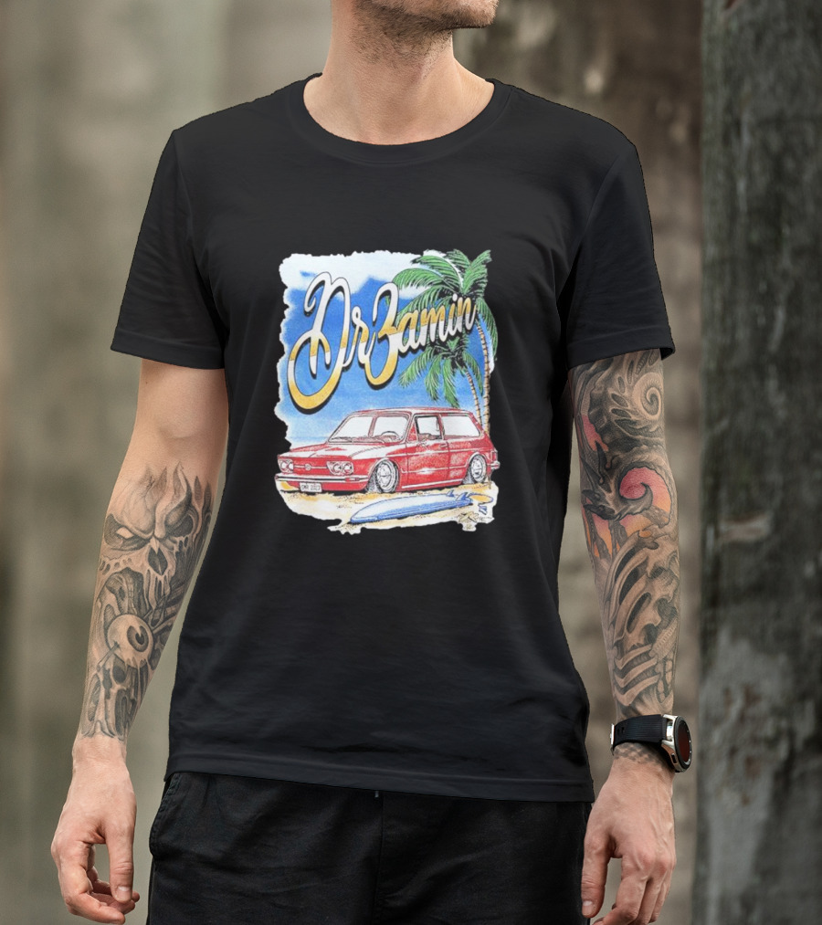 DrZamin Red Car Tropical Beach Scene With Palm Trees Surfboard T-Shirt