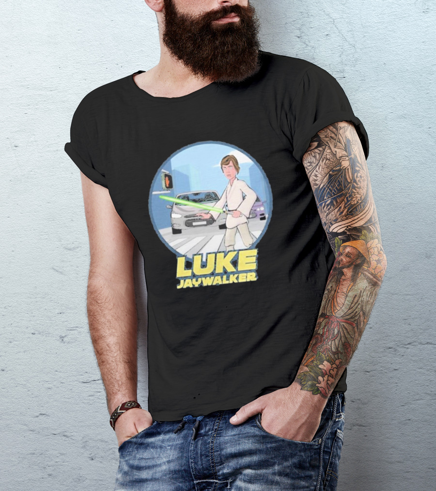 LUKE JAYWALKER CROSSING WITH LIGHTSABER AND TRAFFIC CARS T-Shirt