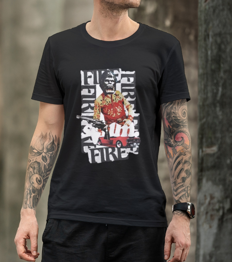 Scum Fire With Gorilla Holding Gun And Fire Text Over Red Car T-Shirt
