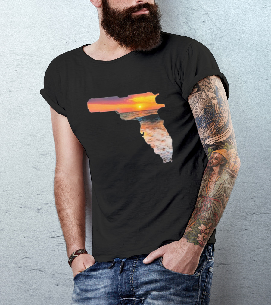 Florida The Gunshine State Gun Map Sunset Beach Scene T-Shirt