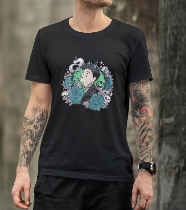 Costee Vampyyri Gothic Blue Roses And Skulls With Vampire And Smoke T-Shirt