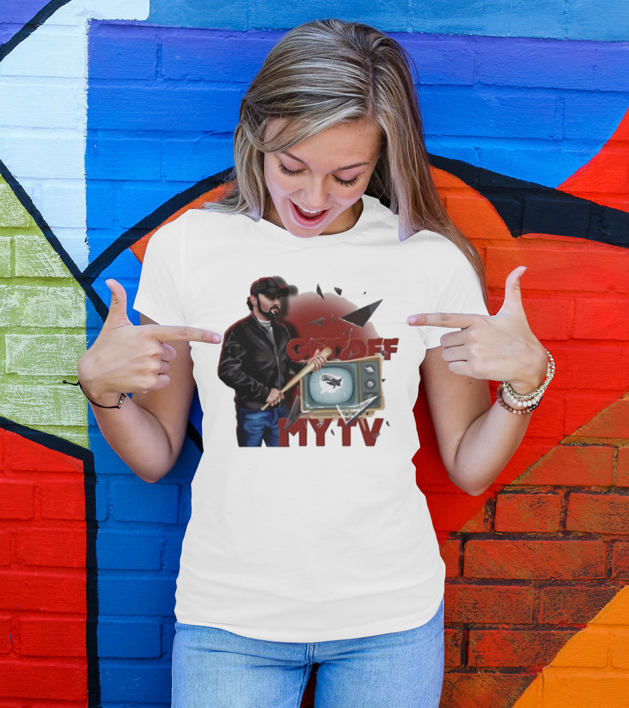 Get Off My TV Baseball Bat Vintage TV Shattered Screen T-Shirt