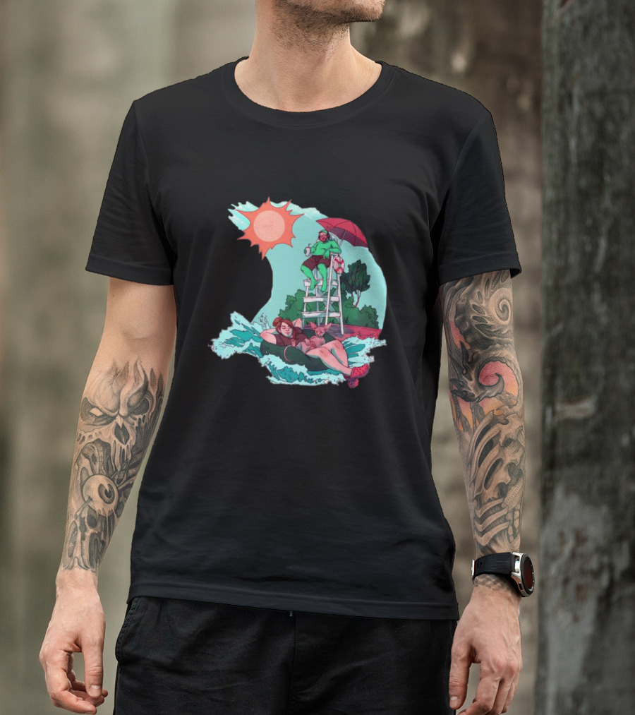Wubby Relaxing Poolside With Lifeguard On Duty Under Vibrant Sun Umbrella T-Shirt