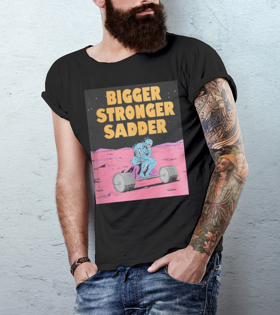 Bigger Stronger Sadder Raskol Skeleton Lifting Weights On Alien Landscape T-Shirt
