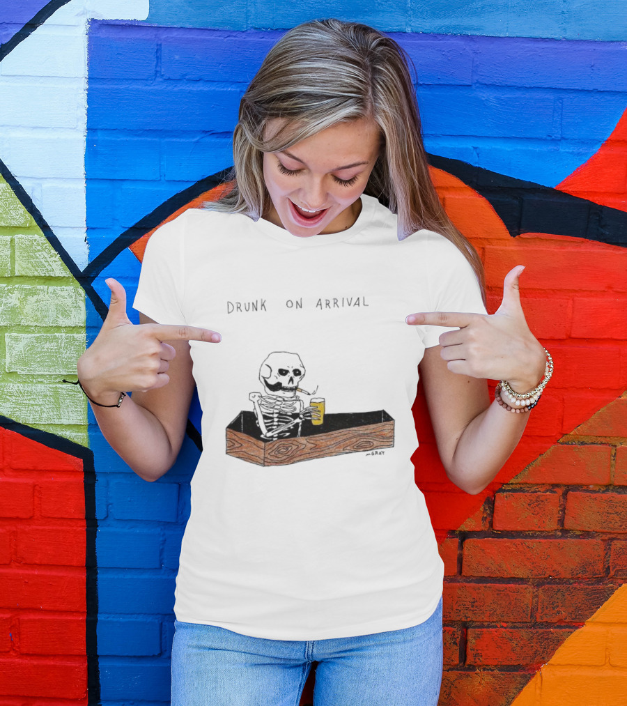 Skeleton Drunk On Arrival Coffin Bar By M.Gray T-Shirt