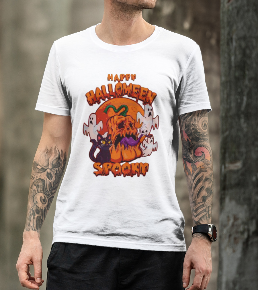 Happy Halloween Spooky Horror Pumpkin Ghosts Black Cat T-Shirt