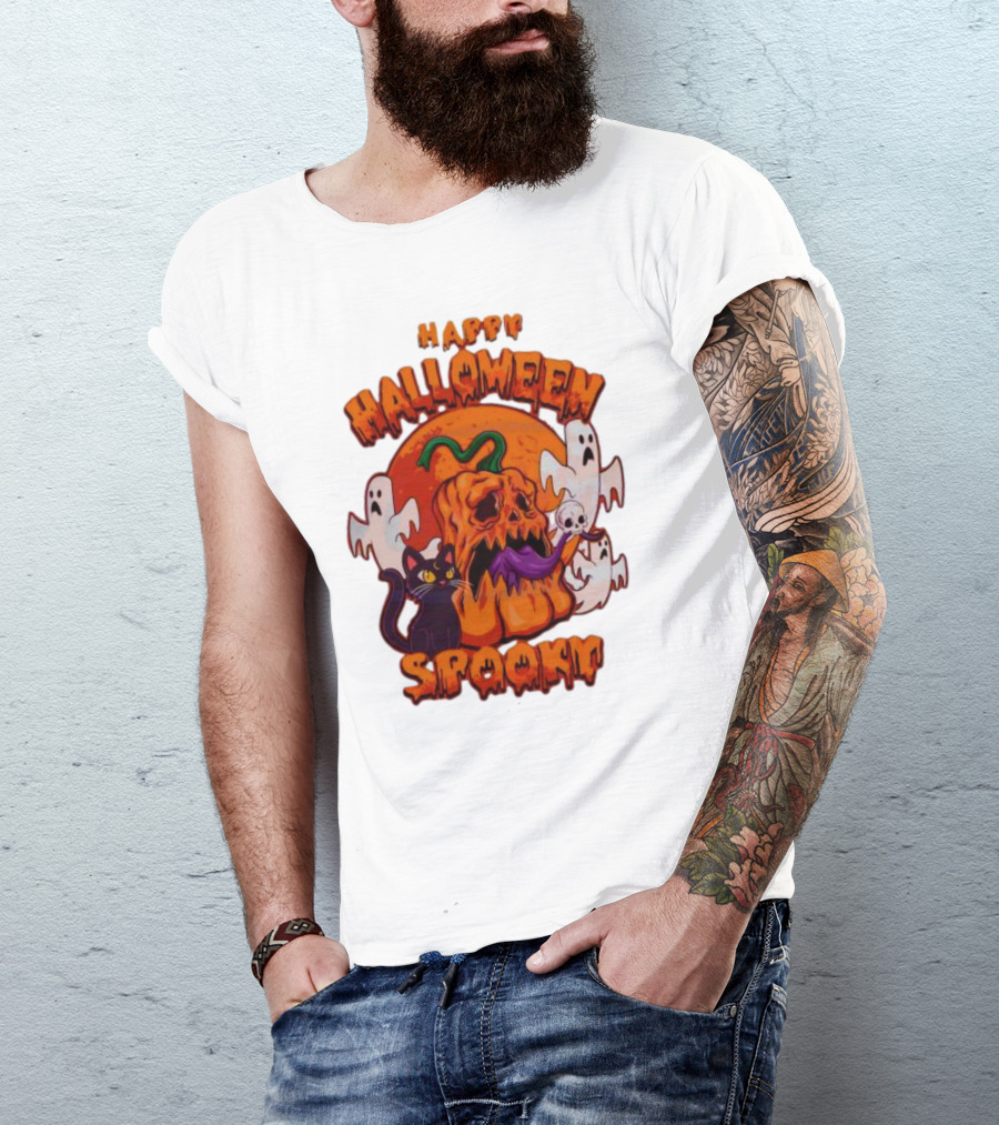 Happy Halloween Spooky Horror Pumpkin Ghosts Black Cat T-Shirt