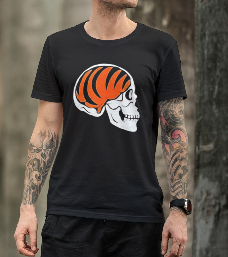 Goodberry Bengals Brain Skull With Orange Tiger Stripes T-Shirt