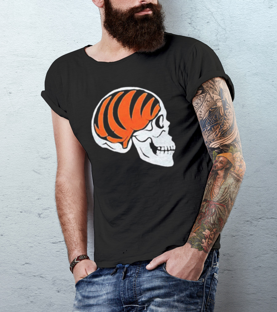 Goodberry Bengals Brain Skull With Orange Tiger Stripes T-Shirt