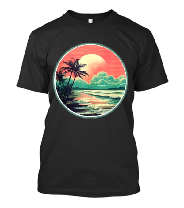 Tropical Ocean Moonscape Palms Waves Sunset Sky T-Shirt